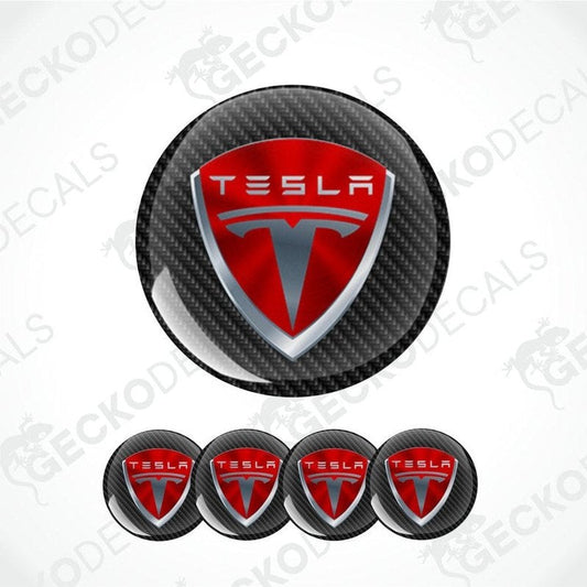 Tesla logo decal set on a white background with 'Gecko Decals' branding.
