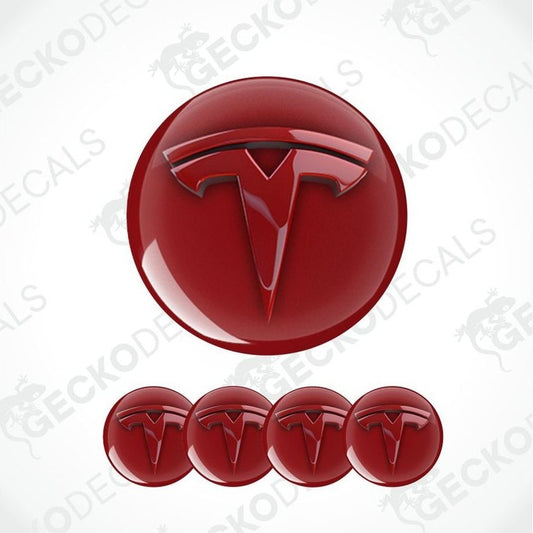 Red Tesla logo epoxy decal set on a white background with 'GECKODECALS' branding.