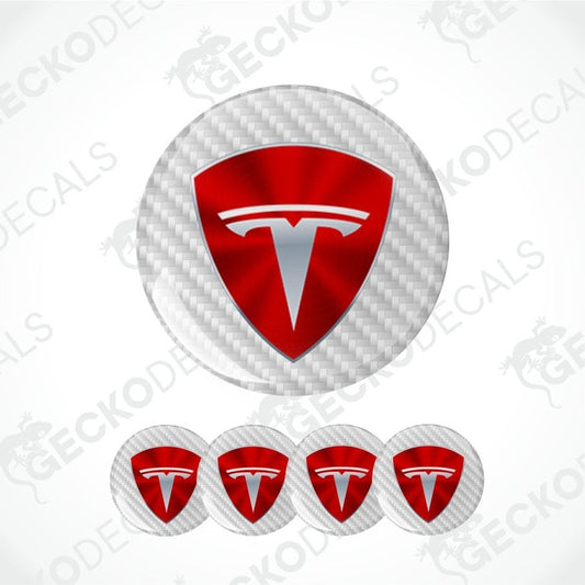 Tesla logo decal with carbon fiber pattern on a white background
