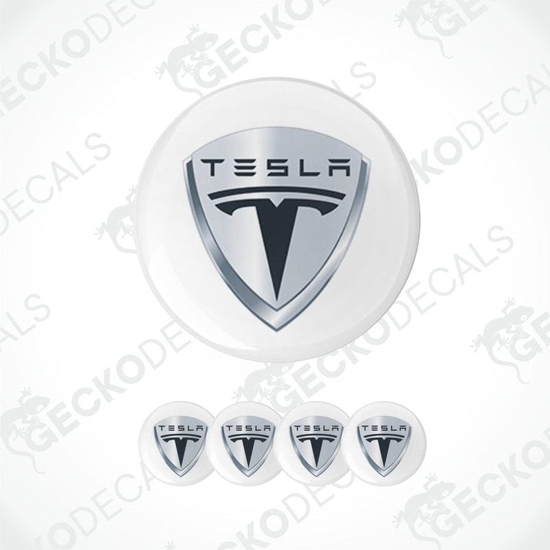 Tesla logo decal set on a white background with 'Gecko Decals' branding.