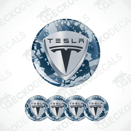 Tesla logo decal with blue camouflage pattern on a white background