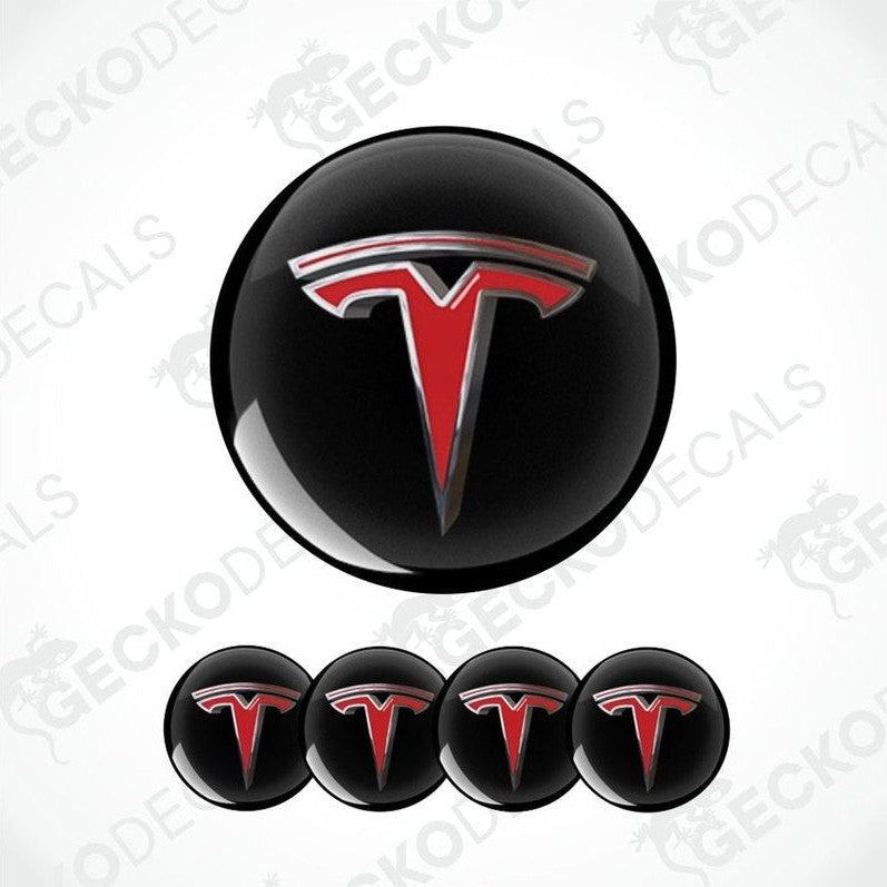 Tesla logo decal set on a white background with 'GECKODECALS' branding.