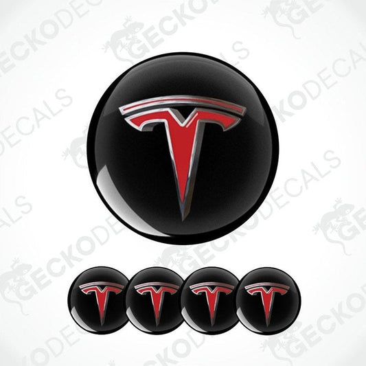 Tesla logo decal set on a white background with 'GECKODECALS' branding.