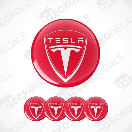 Red Tesla logo decal on a white background