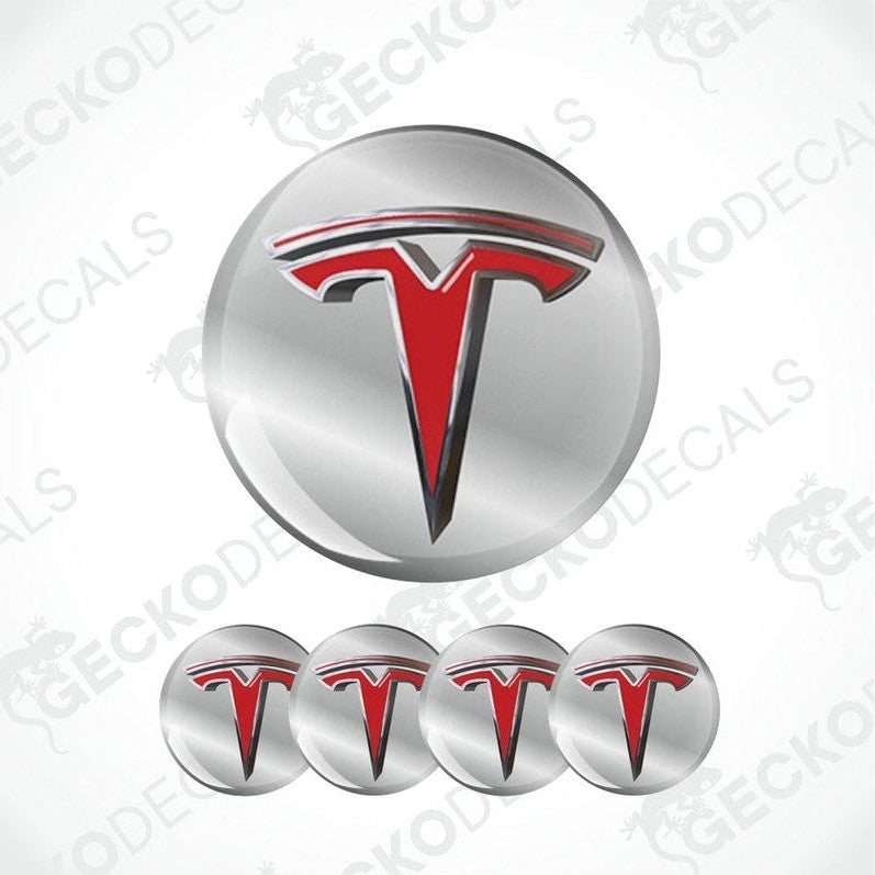 Set of Tesla logo emblems on a white background with 'Gecko Decals' branding.