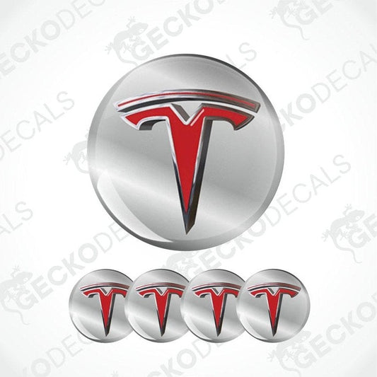 Set of Tesla logo emblems on a white background with 'Gecko Decals' branding.