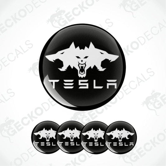 Tesla logo with wolf design on a black background, surrounded by five smaller versions of the same design.