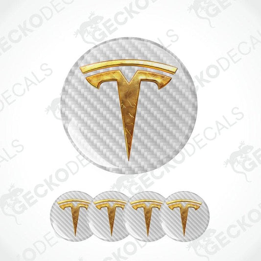 Gold Tesla logo decal on a white background with 'Gecko Decals' branding.