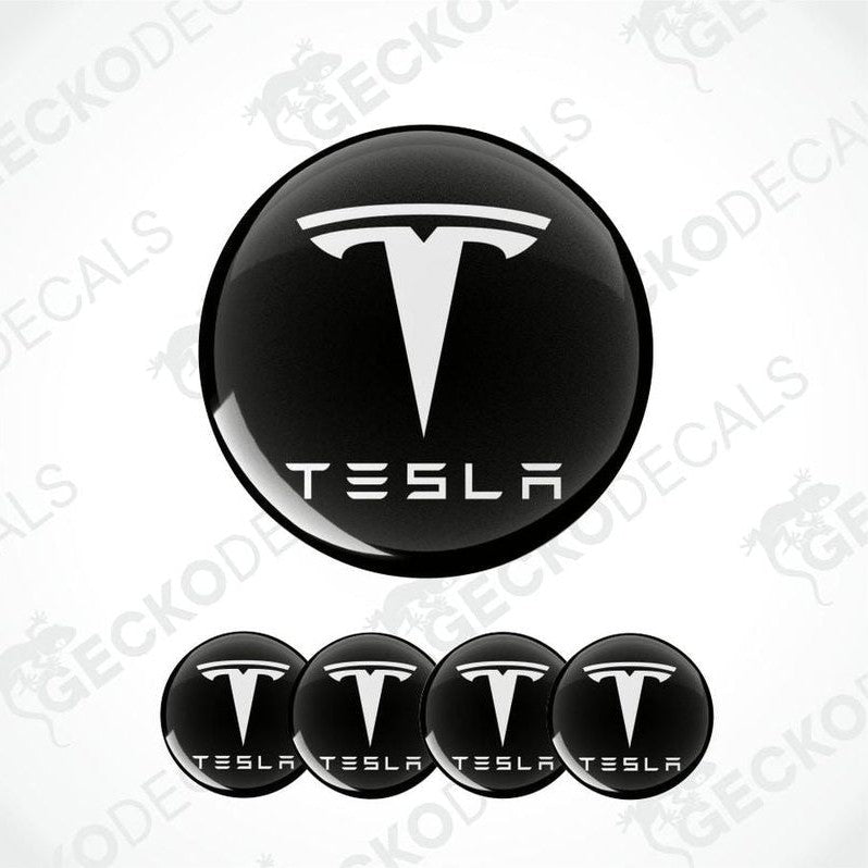 Tesla logo decal set on a white background with 'Gecko Decals' branding.
