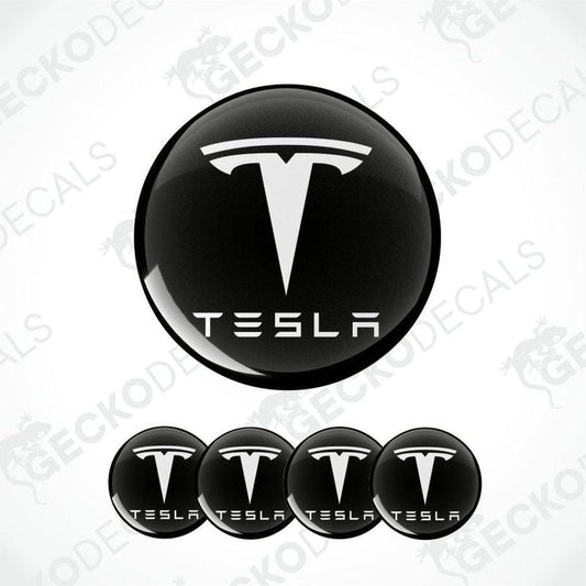 Tesla logo decal set on a white background with 'Gecko Decals' branding.