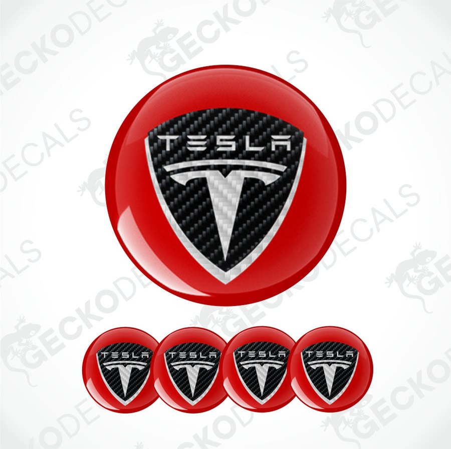 Black and white Tesla logo on red round epoxy decal with carbon fiber texture