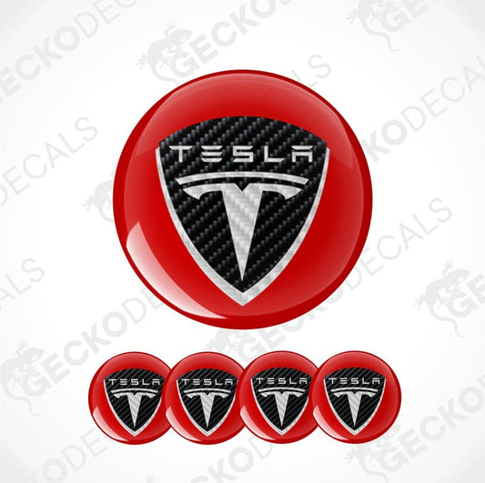 Black and white Tesla logo on red round epoxy decal with carbon fiber texture