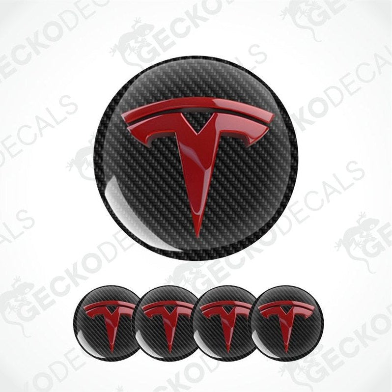 Carbon fiber texture Tesla logo decal with red emblem on a white background.