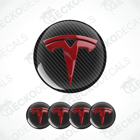 Carbon fiber texture Tesla logo decal with red emblem on a white background.