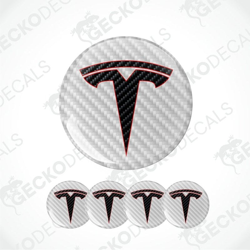 White Carbon fiber pattern background with black carbon fiber Tesla logo with red stripe epoxy decal on a white background