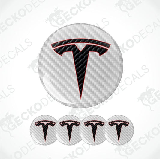 White Carbon fiber pattern background with black carbon fiber Tesla logo with red stripe epoxy decal on a white background