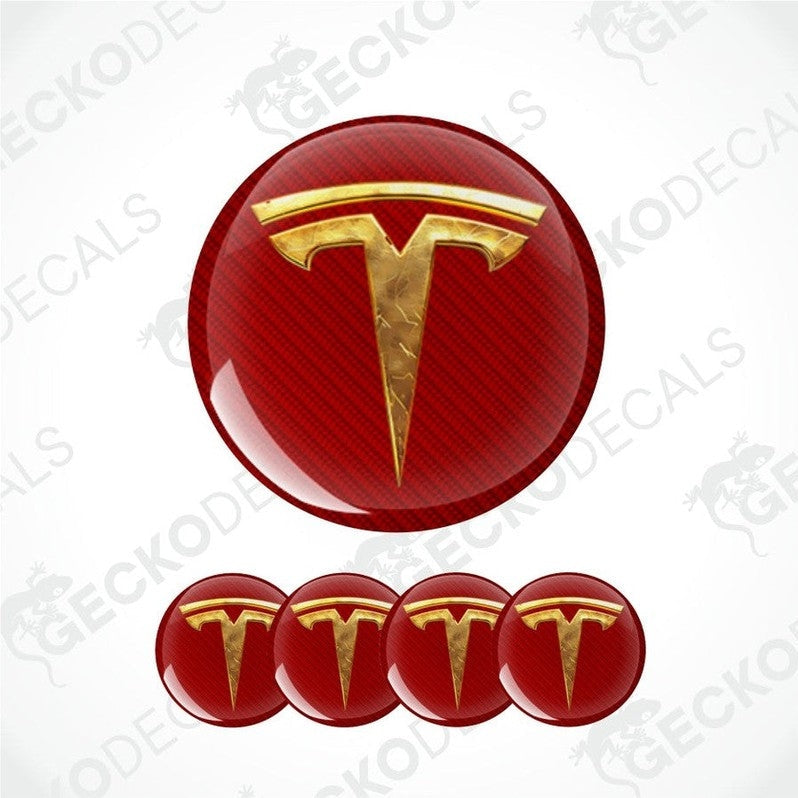 Red Tesla logo decal with gold emblem on a white background