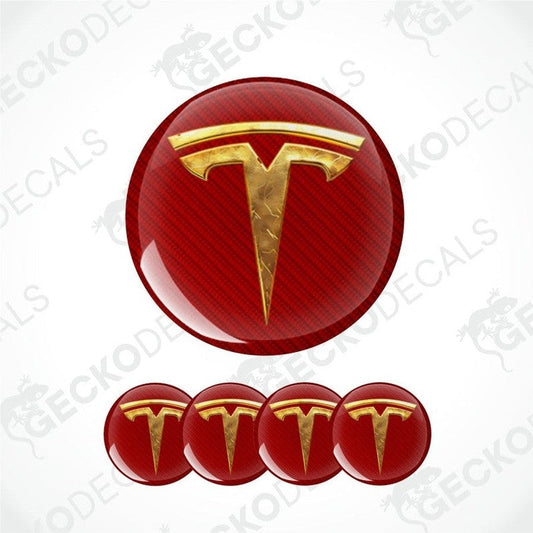 Red Tesla logo decal with gold emblem on a white background