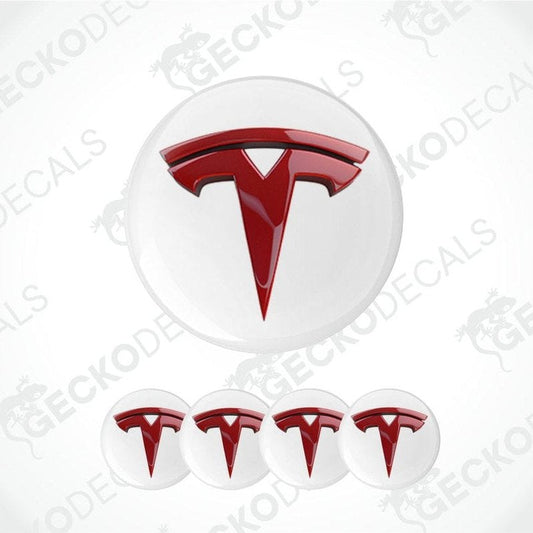 A three-dimensional glossy dark red Tesla emblem on a white background