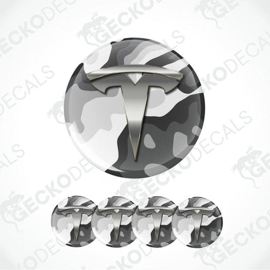 Camouflage-patterned Tesla logo decal on a white background with 'Gecko Decals' branding.