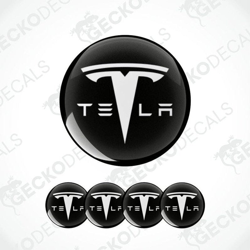 Tesla logo decal set on a white background with 'GECKODECALS' branding.