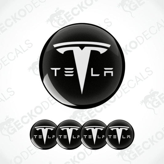Tesla logo decal set on a white background with 'GECKODECALS' branding.