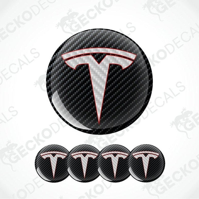Black Carbon fiber pattern background with white crabon fiber Tesla logo with red stripe epoxy decal on a white background