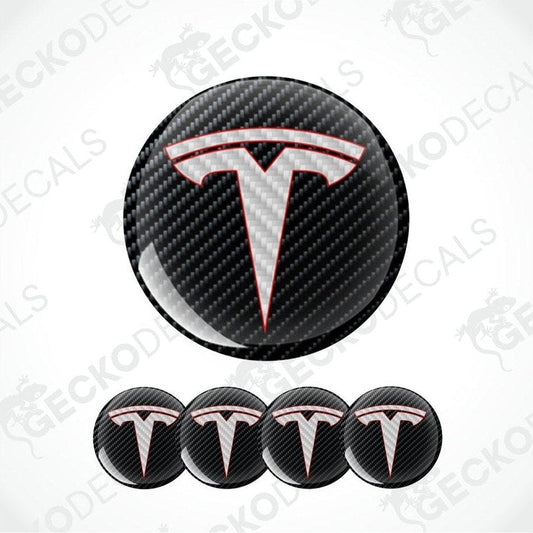 Black Carbon fiber pattern background with white crabon fiber Tesla logo with red stripe epoxy decal on a white background