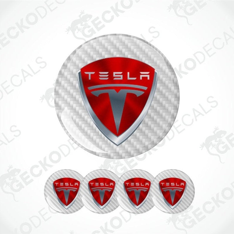 Tesla logo decal with carbon fiber texture on a white background