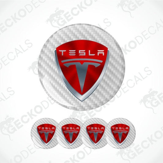 Tesla logo decal with carbon fiber texture on a white background