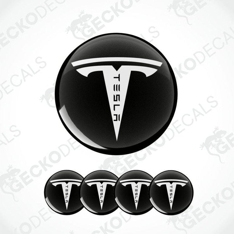 Set of Tesla logo stickers on a white background with 'Gecko Decals' branding.