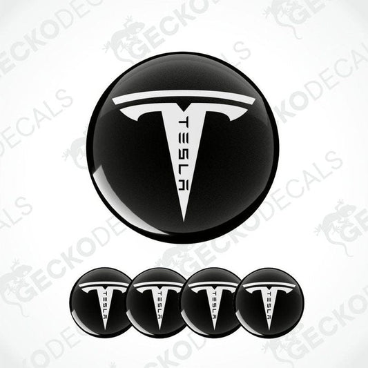 Set of Tesla logo stickers on a white background with 'Gecko Decals' branding.