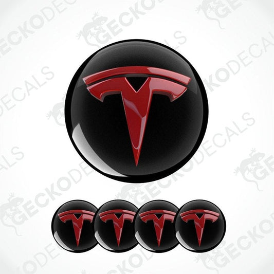 Set of Tesla logo emblems on a white background with 'GECKODECALS' branding.