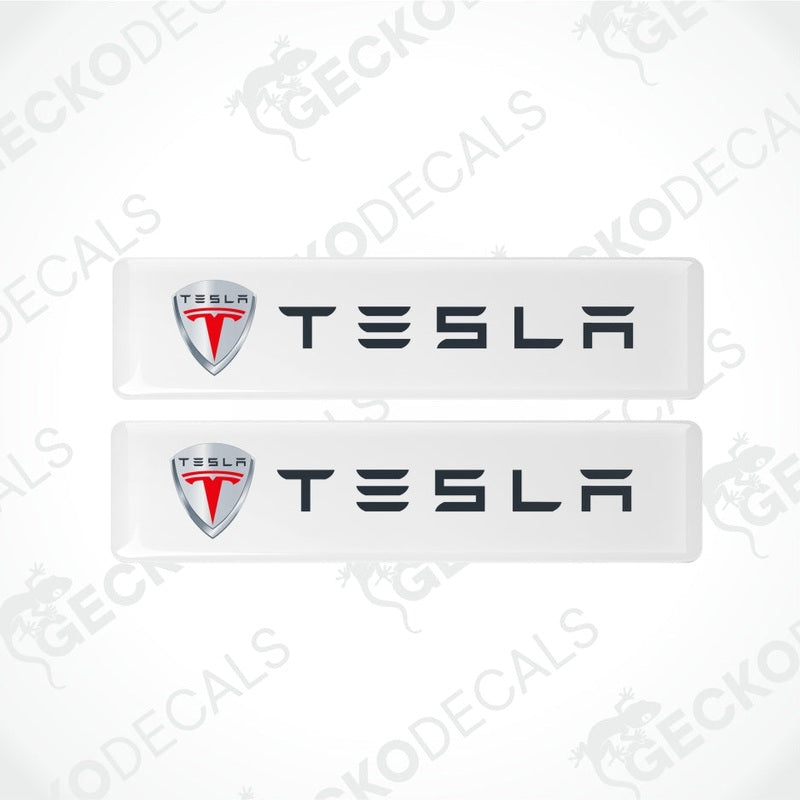 Two Tesla logo and text decals on a white background with 'Gecko Decals' branding.