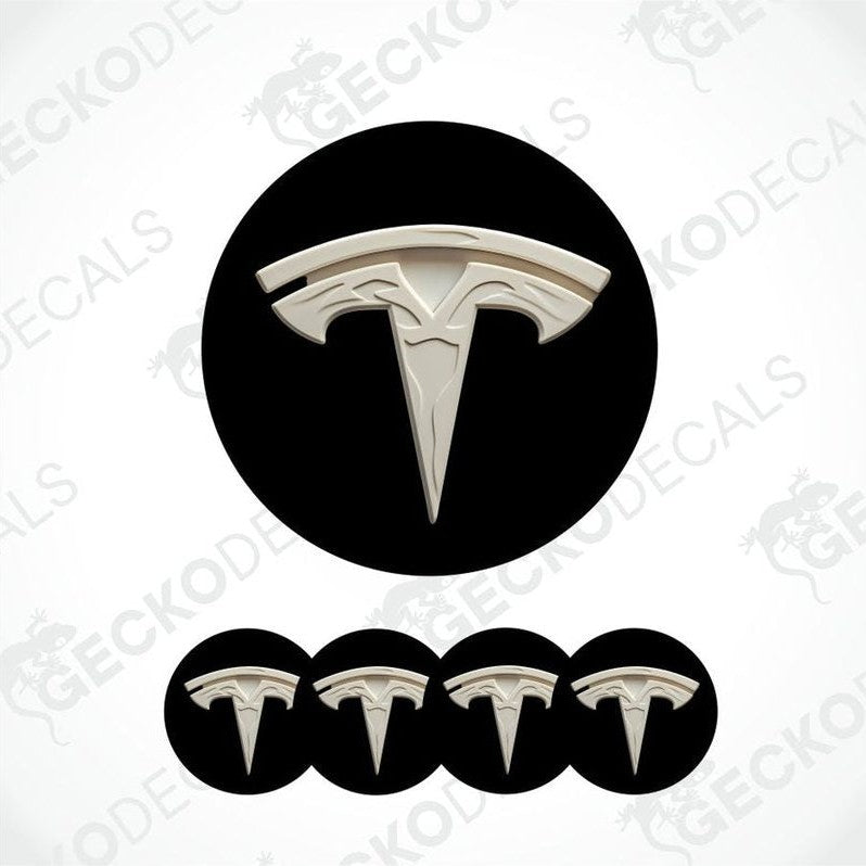 Tesla logo and four smaller versions on a white background with 'Gecko Decals' branding.