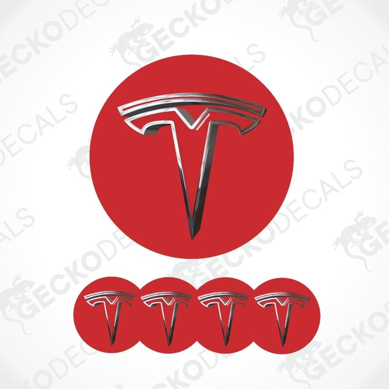 Tesla logo decal set on a white background with 'Gecko Decals' branding.