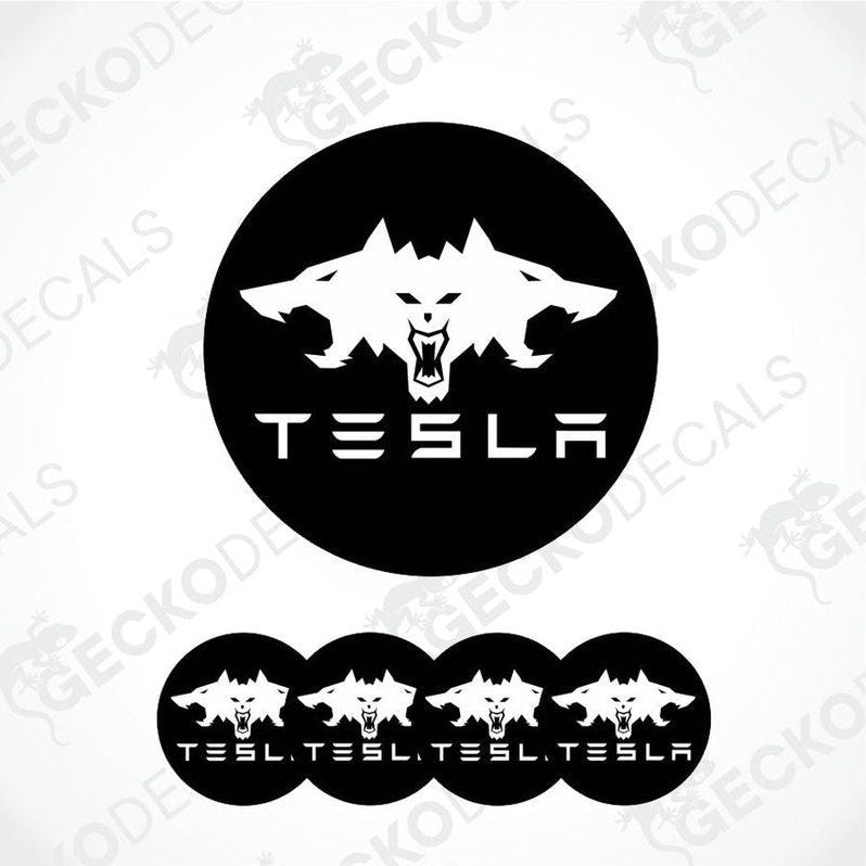 Black and white Tesla logo with wolf design on a white background