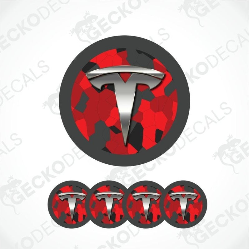 Red and black camouflage Tesla logo decal with five smaller versions on a white background.