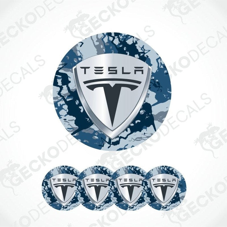 Tesla logo decal with camouflage pattern on a white background