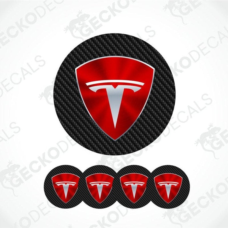 Red Tesla logo with black carbon fiber background epoxy decal set on a white background with 'GECKODECALS' branding.