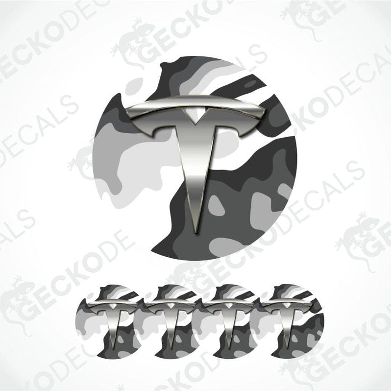 Camouflage-patterned Tesla logo decal on a white background with 'Gecko Decals' branding.