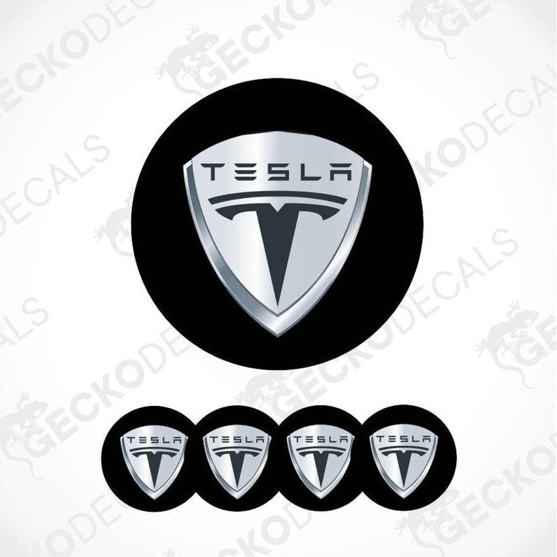 Tesla logo and five smaller versions on a white background with 'Gecko Decals' branding.