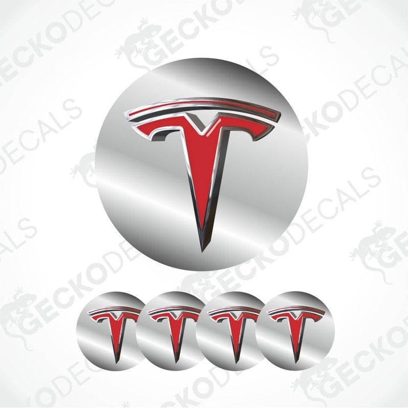 Set of Tesla logo car stickers on a white background with 'GECKODECALS' branding.