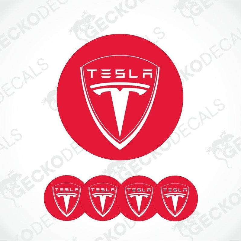Tesla logo decal set on a white background with 'Gecko Decals' watermark.