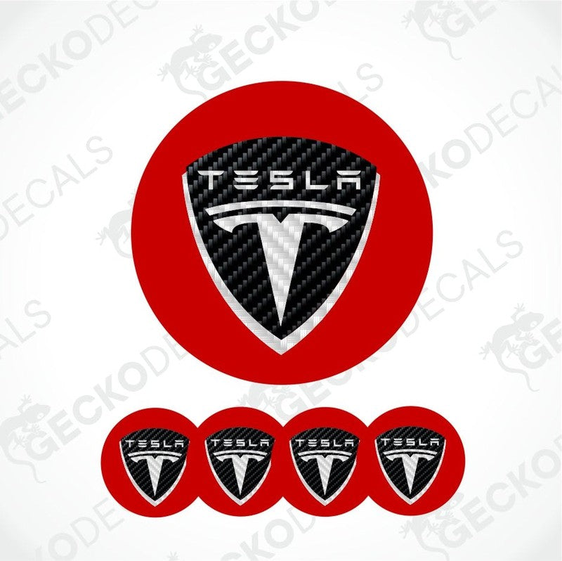 Black and white Tesla logo decal with red border on a white background