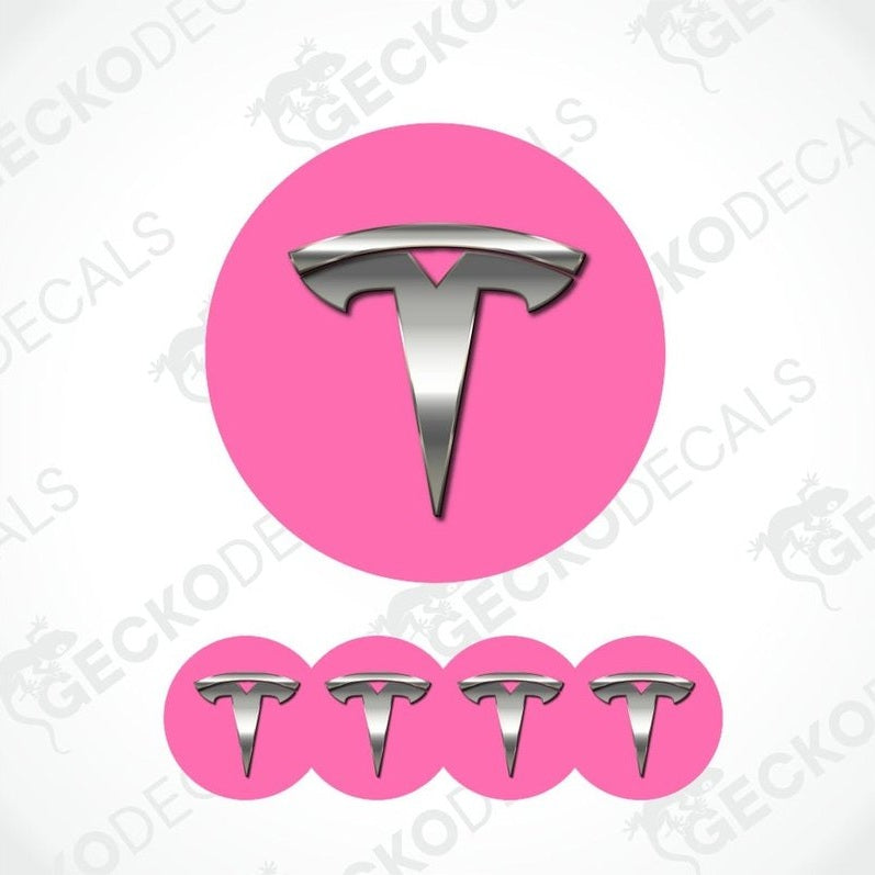 Tesla logo decal on pink background with 'GECKODECALS' branding.