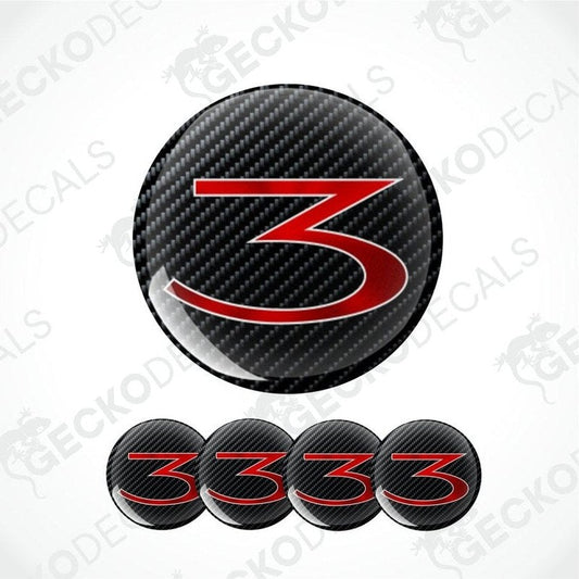 Black Carbon fiber pattern with red number '3' on a white background epoxy decal, featuring the brand 'Gecko Decals'.