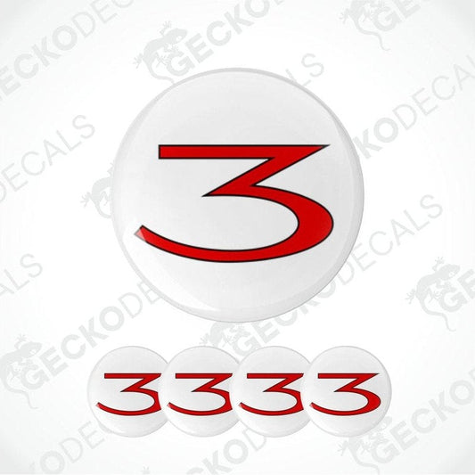 Red number '3' on white circular epoxy decal with Geckodecal branding.