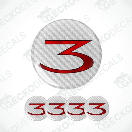 Red number '3' on a carbon fiber pattern background epoxy decal with GECKODECALS watermark.