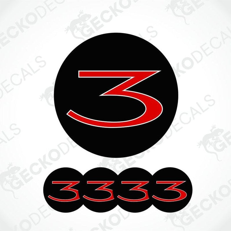 Red number '3' on a black circle with '333' below, on a white background with 'GECKO DECALS' watermark.